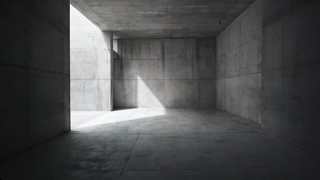Simple concrete room with light hitting the floor and the wall at an angle, brutalist architecture. Zooming out. Warmth in brutalism.