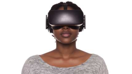 Young woman experiencing virtual reality with headset on transparent background