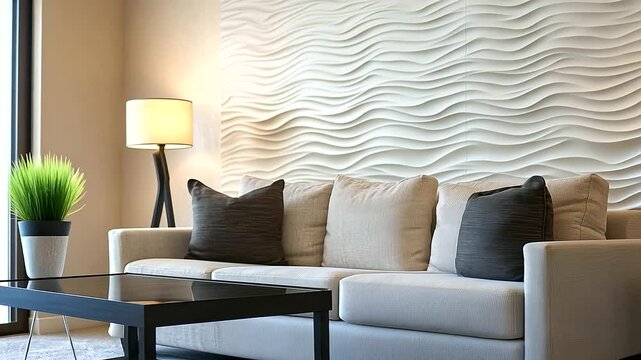 A cozy living room features decorative wall panels with wave-like D patterns, their curves highlighted by soft wall-mounted lighting, blending seamlessly with a neutral decor sche