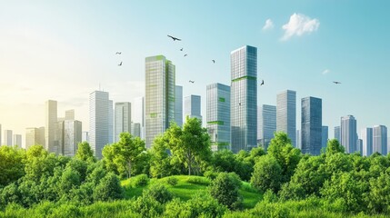 Obraz premium Modern City Skyline Integrated With Lush Greenery, Showcasing Sustainable Urban Design.