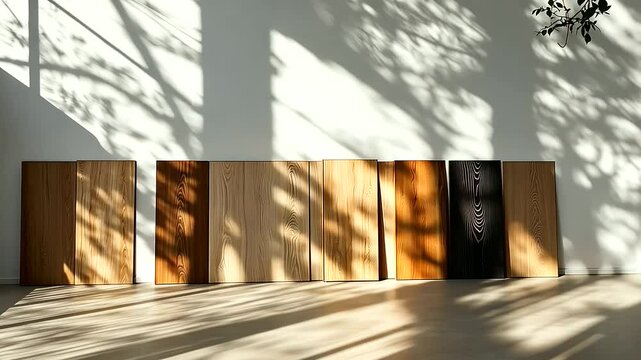 A gradient arrangement of laminate flooring samples displayed on a clean white surface, showcasing their durability and realistic wood textures under bright, even lighting.