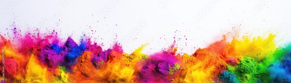 Aufkleber Vibrant Colorful Powder Explosion Creating Dynamic Abstract Art on Bright White Background Evoking Energy Playfulness and Creativity in Visual Design