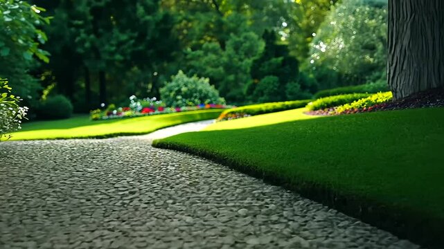A landscaped garden pathway made of gravel, bordered by mounds of river stones and blooming flowers, creating a harmonious and inviting outdoor space.
