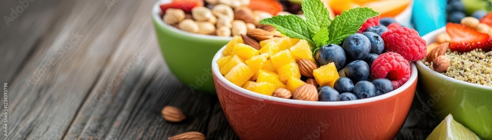 Aufkleber A Colorful Array of Fresh Fruits and Crunchy Nuts Arranged in Small Bowls Creating a Vibrant and Healthy Snack Display for Any Occasion