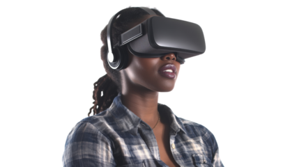 Woman wearing vr headset exploring metaverse in immersive experience
