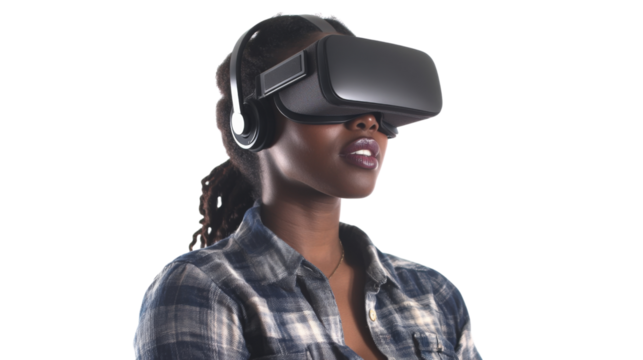 Woman wearing vr headset exploring metaverse in immersive experience