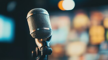 Vintage microphone ready for a performance with a blurred stage background
