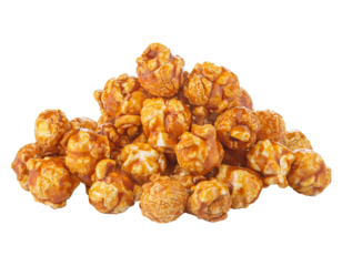 crispy caramel popcorn, sweet and crunchy glazed popcorn, gourmet snack, delicious buttery caramel coating, on isolated background

