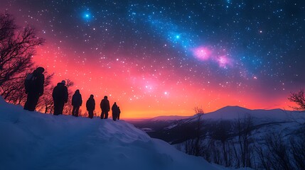 Fototapeta premium Hikers watch aurora borealis over snowy mountains