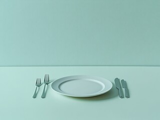 Flat lay image of a table set with white plates, silverware, and dining utensils against a light green backdrop.