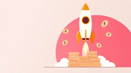 A rocket ascends amidst stacks of coins, symbolizing financial growth and investment opportunities in a vibrant, minimalist design.