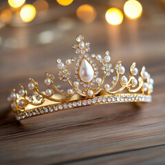 Elegant gold tiara adorned with tiny pearls and floral accents, sparkling beautifully