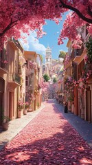 Naklejka premium A Picturesque Street Scene In A Charming Town, Adorned With Vibrant Pink Blossoms, Creating A Breathtaking Ambiance.