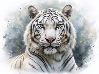 Majestic Watercolor White Tiger on Pristine White Background