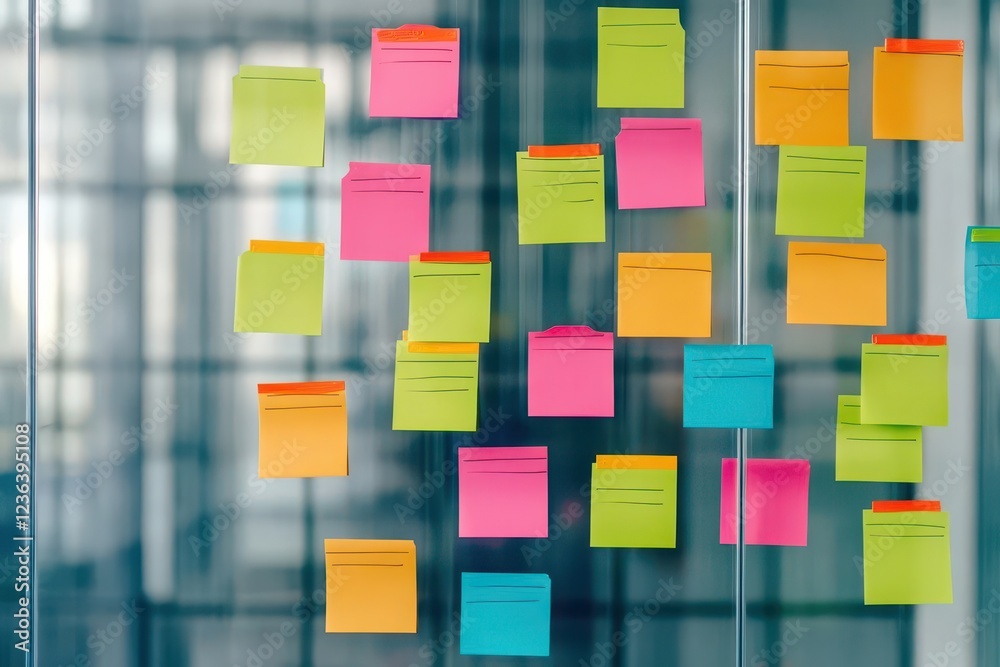 Aufkleber Vibrant Array of Colorful Sticky Notes Affixed to a Clear Glass Wall Creating a Dynamic and Inspiring Workspace Atmosphere for Creativity and Ideas