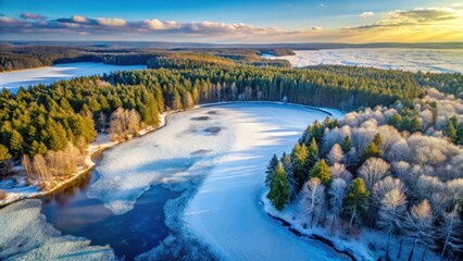 Fototapeta premium Frozen Lake Aerial View Over Winter Forest Landscape, frozen, cold, frozen, cold, snow, icy, winter wonderland, snow-covered, scenic