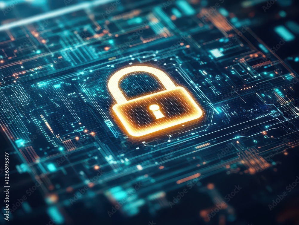 Poster A Secure Padlock Resting on an Intricate Circuit Board Surrounded by Complex Electronic Components Representing Technology and Safety in Modern Design