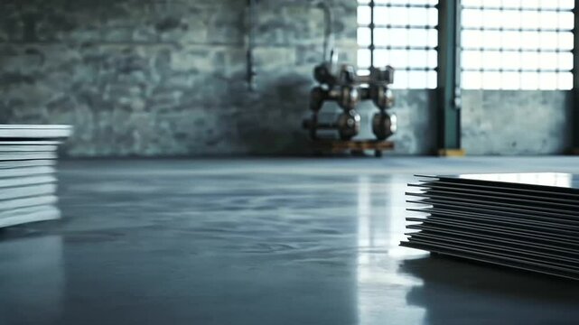 A stack of corrugated metal roofing sheets with a reflective finish is propped against a textured wall in a spacious warehouse, surrounded by the muted tones of industrial equipmen
