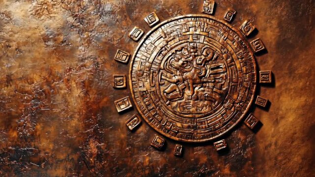 Ancient circular aztec calendar design carved into textured brown surface under soft light