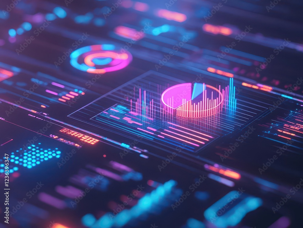 Poster Dynamic Visual Representation of Data Insights with a Colorful Pie Chart Set Against a Futuristic Digital Circuit Background Conveying Innovation