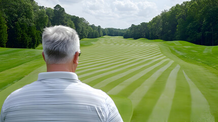 Senior golfer surveys fairway, green landscape background, retirement leisure