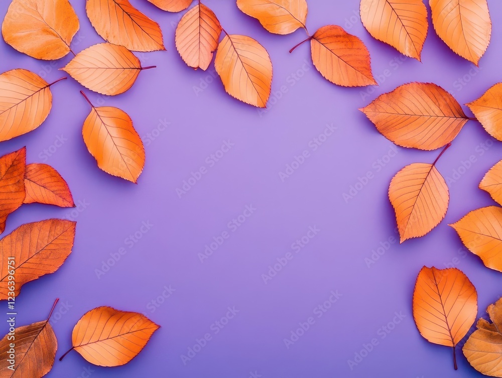 Poster vibrant autumn leaves in vivid shades of red and gold resting on a soft purple background creating a