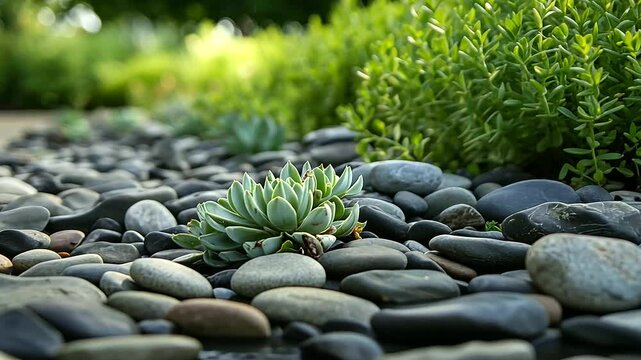 An artistic landscape featuring piles of river stones and gravel combined with succulents and cacti, demonstrating low-maintenance yet visually appealing outdoor design.
