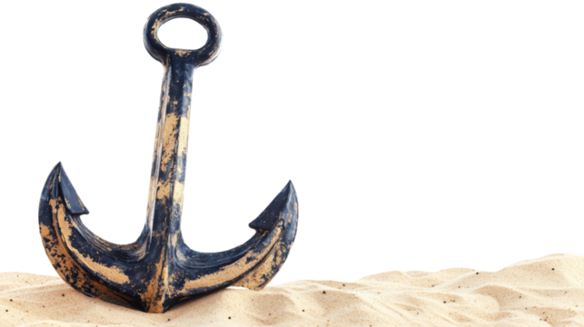 Old weathered anchor resting on sandy beach with transparent background