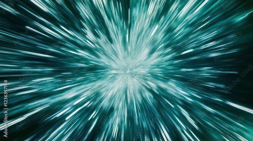 Poster Abstract teal light burst radiating outwards from central point, creating a zoom or speed effect.
