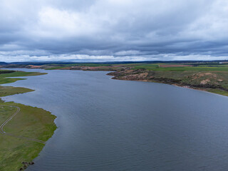 aerial photo of the hermitage of the Virgin of the Castle and the Ricobayo reservoir in Montamarta (Zamora). Spain