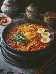 black pot filled with Korean-style stew made of thick noodles and lots of vegetables in a tomato sauce, topped with soft-boiled eggs. The background is a dark gray concrete table with Korean cultural 