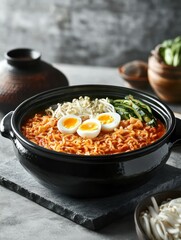 black pot filled with Korean-style stew made of thick noodles and lots of vegetables in a tomato sauce, topped with soft-boiled eggs. The background is a dark gray concrete table with Korean cultural 