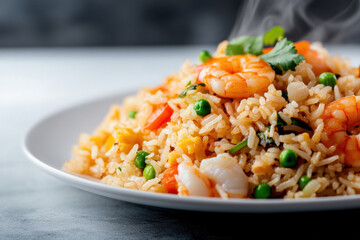 vibrant and luxurious seafood fried rice served with shrimp, peas, and vegetables, creating delightful and aromatic dish that is perfect for any meal
