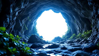 Dark Cave Entrance Bright Exit Rocks Water Plants Scene