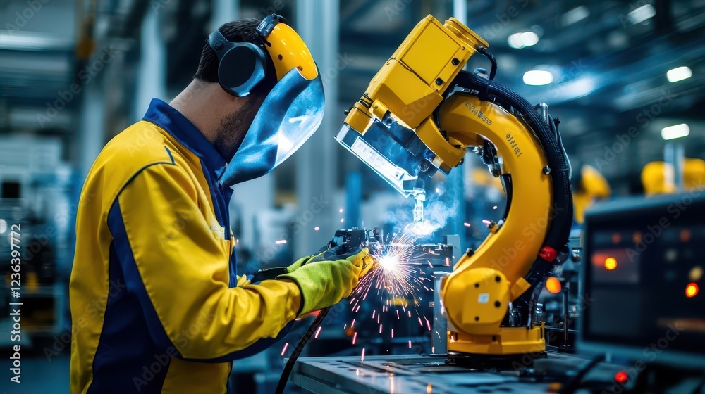 Leinwandbilder dedicated worker welding in industrial factory setting with sparks flying creating intense focus and