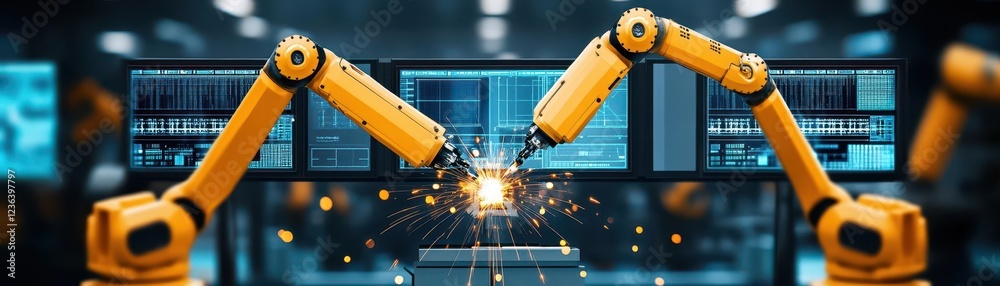 Aufkleber Futuristic Scene of Two Robots Collaborating on Advanced Computer Technology in a High-Tech Environment Showcasing Innovation and Automation
