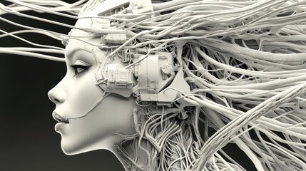 A captivating portrait of a futuristic humanoid figure adorned with complex technological elements that blend humanity and machinery in a unique visual experience.