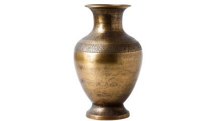 Antique golden metal vase showing embossed floral decoration on transparent background