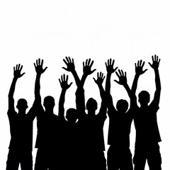 Group of people celebrating with raised hands in silhouette style
