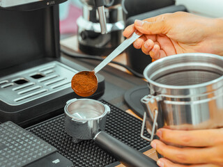 Small business owners coffee shop. Workplace countertops kitchen or bar. Customers service barista woman. Coffee machine automatic. Equipment working startup. Person coffeemaker at cafe