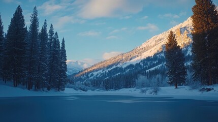 Breathtaking winter landscape with mountainous backdrop and calm lake. Perfect for travel enthusiasts seeking nature's tranquility.