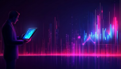 Businessman Analyzing Upward Trending Graph on Digital Tablet, Cityscape Backdrop, Vector Art