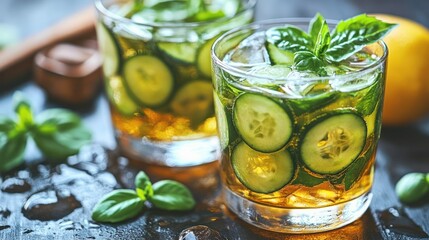 Refreshing Cucumber Iced Tea in Glasses, with Basil and Lemon, Dark Background