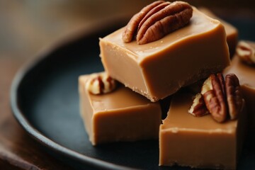 National nutty fudge Day May 12  silky butterscotch fudge stacked on a dark ceramic plate, each square topped with glossy, toasted pecans