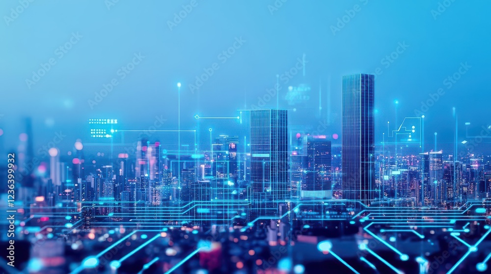 Poster futuristic city skyline at dusk with illuminated skyscrapers and modern architecture against a vibra