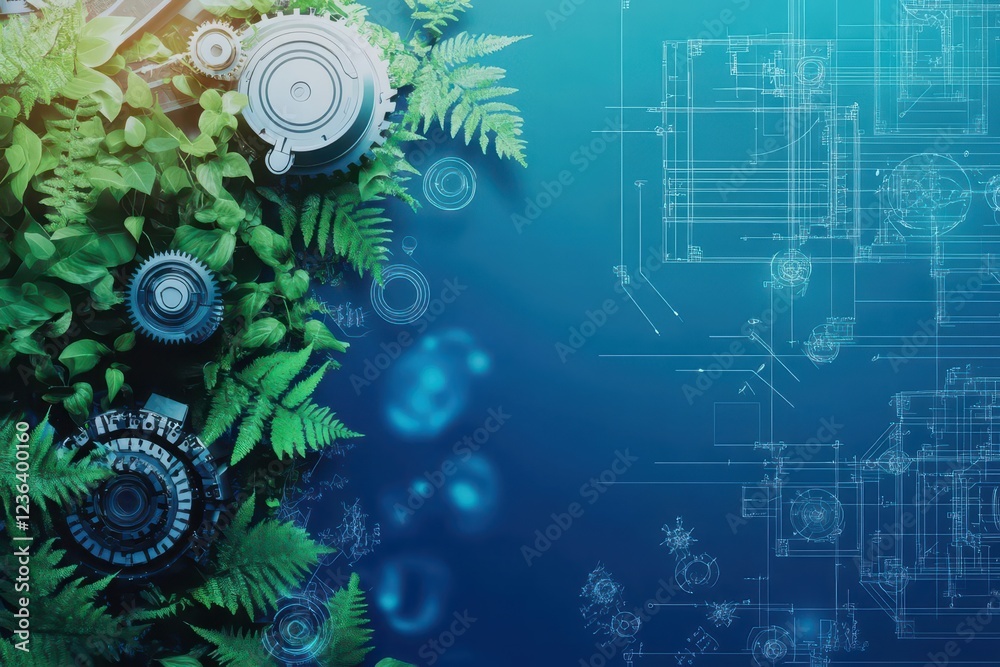 Fototapete intricate blueprint design featuring vivid green plants intertwined with mechanical gears creating a