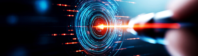 Obraz premium Aiming precision laser targeting system high-tech laboratory digital visualization futuristic environment close-up view innovative technology