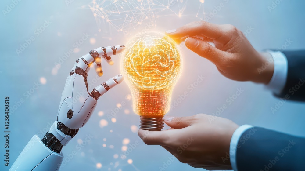 Poster Two Hands Gently Cradling a Bright Light Bulb Featuring a Small Robot Inside Symbolizing Innovation Creativity and the Future of Technology