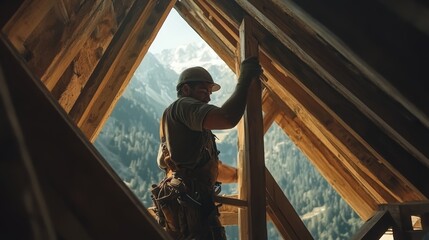 Fototapeta premium Construction Worker Framing a Roof with Mountain Views in the Background