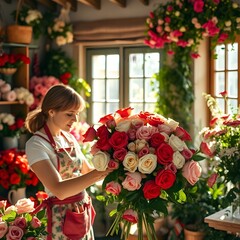 Una florista espa&ntilde;ola arregla rosas en un hermoso ramo.